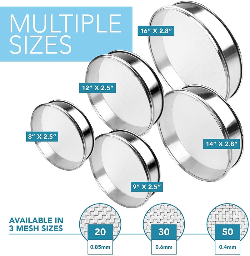 Vollum Stainless Steel Flour Sifter Fine Mesh Round Flour Sieve for Baking 12" Diameter x 2.5" High; 20 Mesh (Hole Size 0.85mm) - Image 5